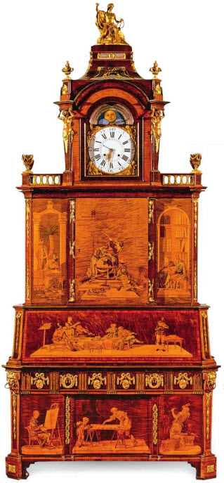 Давид Рентген. Брюссельский кабинет-секретер, 1775-76 гг. Дуб и сосна, фанерованные кленом, с маркетри из различных окрашенных пород дерева; золоченая бронза. (3,7x1,5x0,9 м.) Австрийский музей прикладного и современного искусства, Вена.